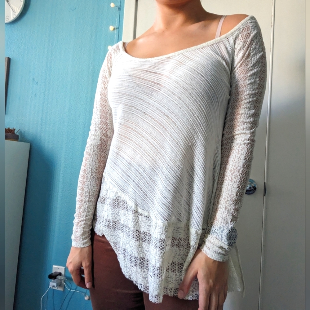 Free People Lace Asymmetrical Long Sleeve Blouse